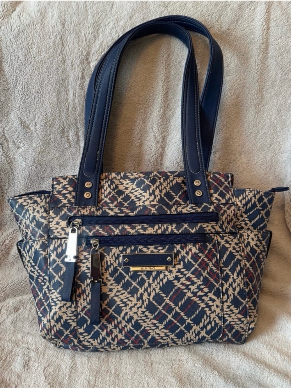 Ellen Tracy Large Shoulder Tote Multi Pocket Organizer Zip Bag Navy Cream Print